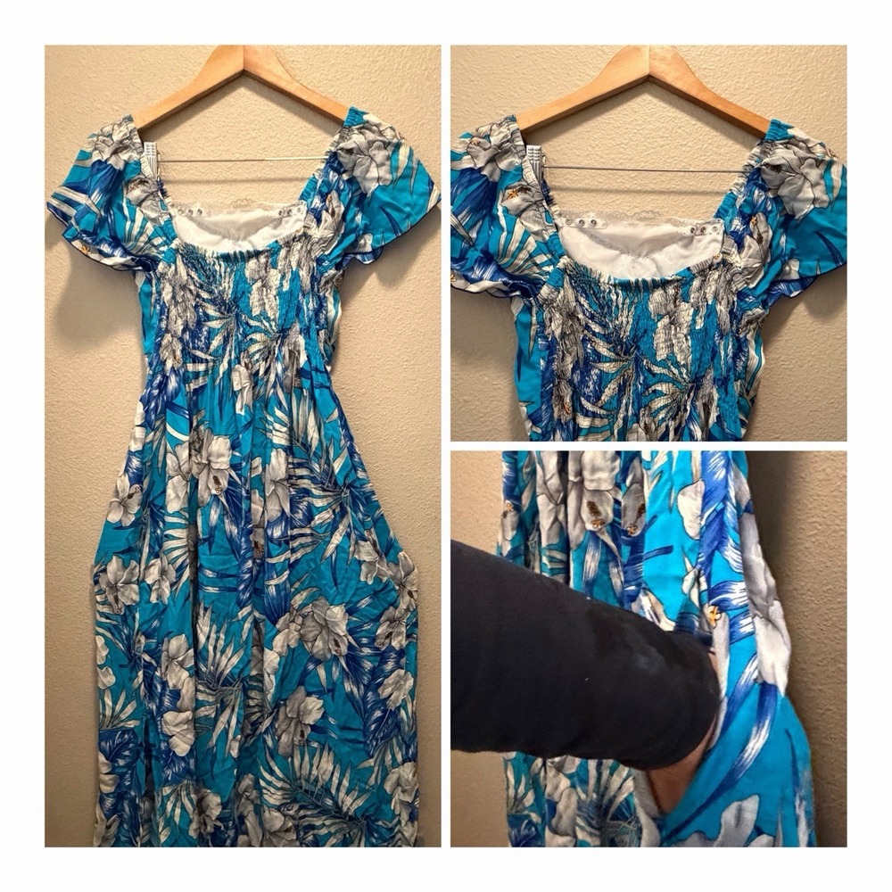 Melia Lei Hawaiian Tropical Maxi Sundress Blue Hibiscus Smocked Pockets One Size